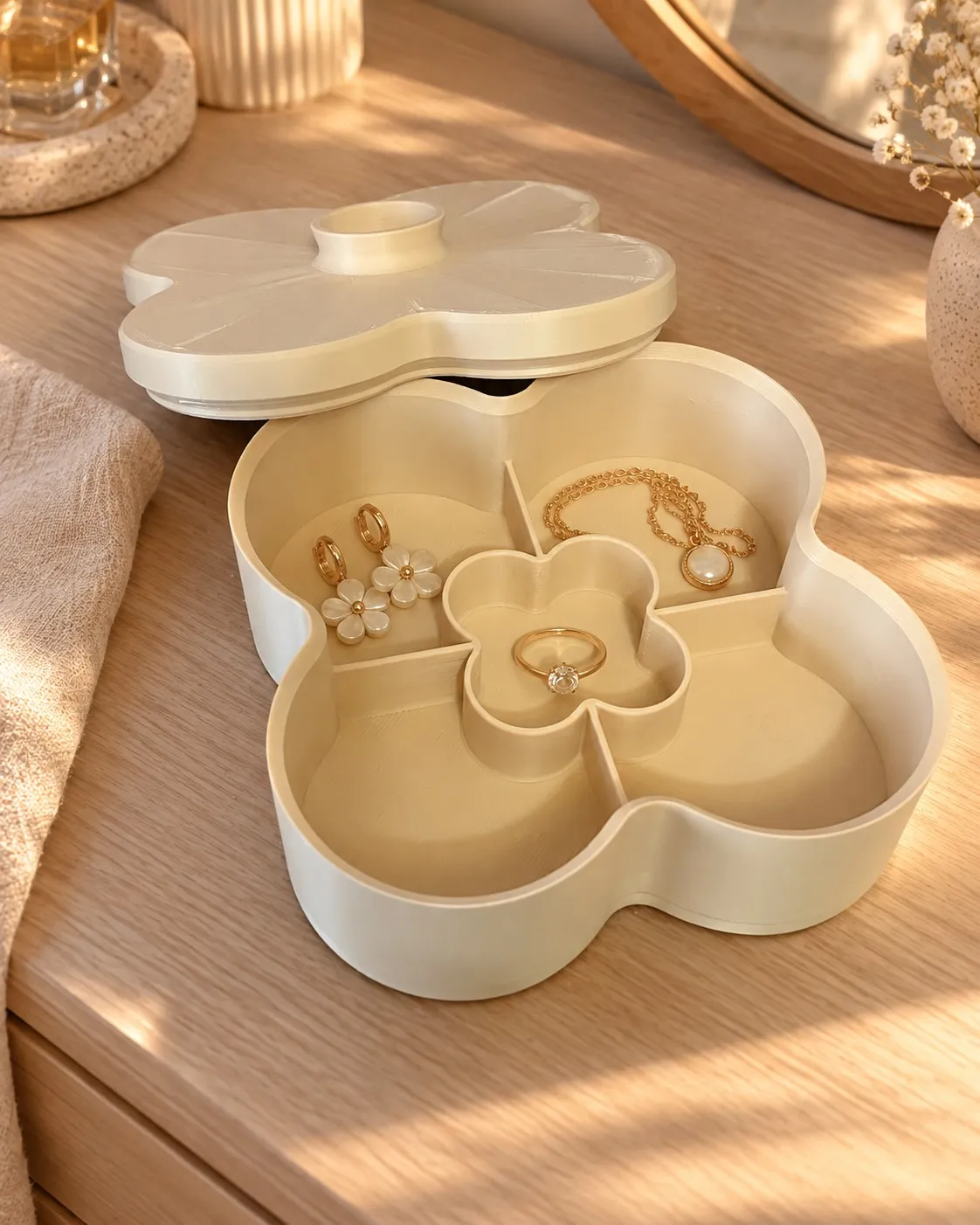 Porta-joias em forma de flor, cor creme, aberto sobre uma penteadeira, com brincos, colar e anel nos compartimentos e a tampa ao lado