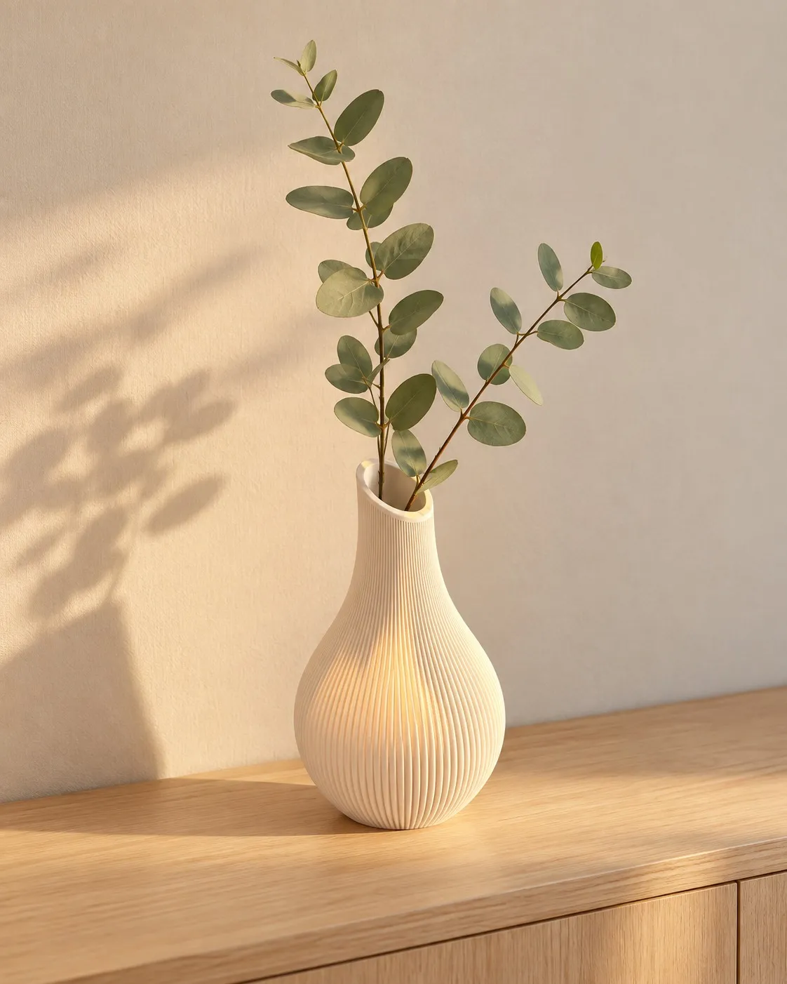 Vaso Japandi creme, canelado, em forma de gota com boca inclinada, com galhos de eucalipto sobre um aparador de madeira clara