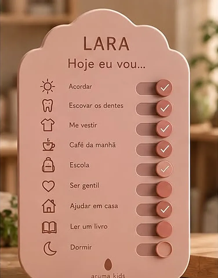 Placa Hoje eu vou em rosa, com tarefas e discos que viram para marcar