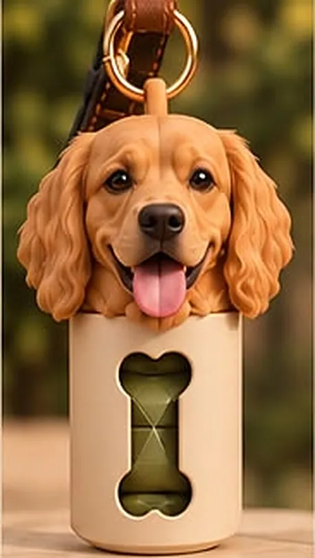 Porta-saquinho creme com tampa em forma de cabeça de Golden Retriever