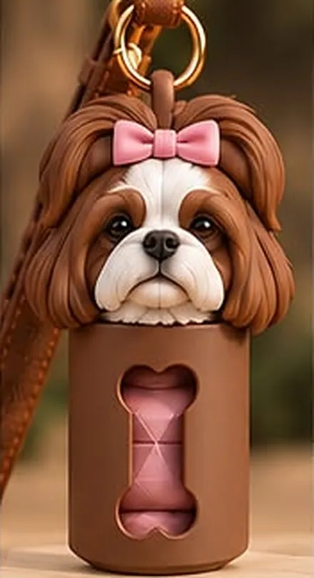 Porta-saquinho marrom com tampa em forma de cabeça de Shih Tzu com laço rosa