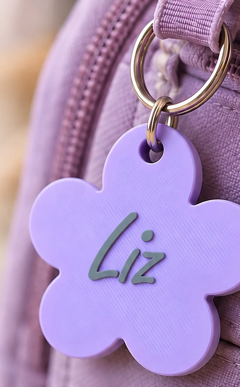 Tag lilás em formato de flor com o nome Liz, pendurada numa mochila